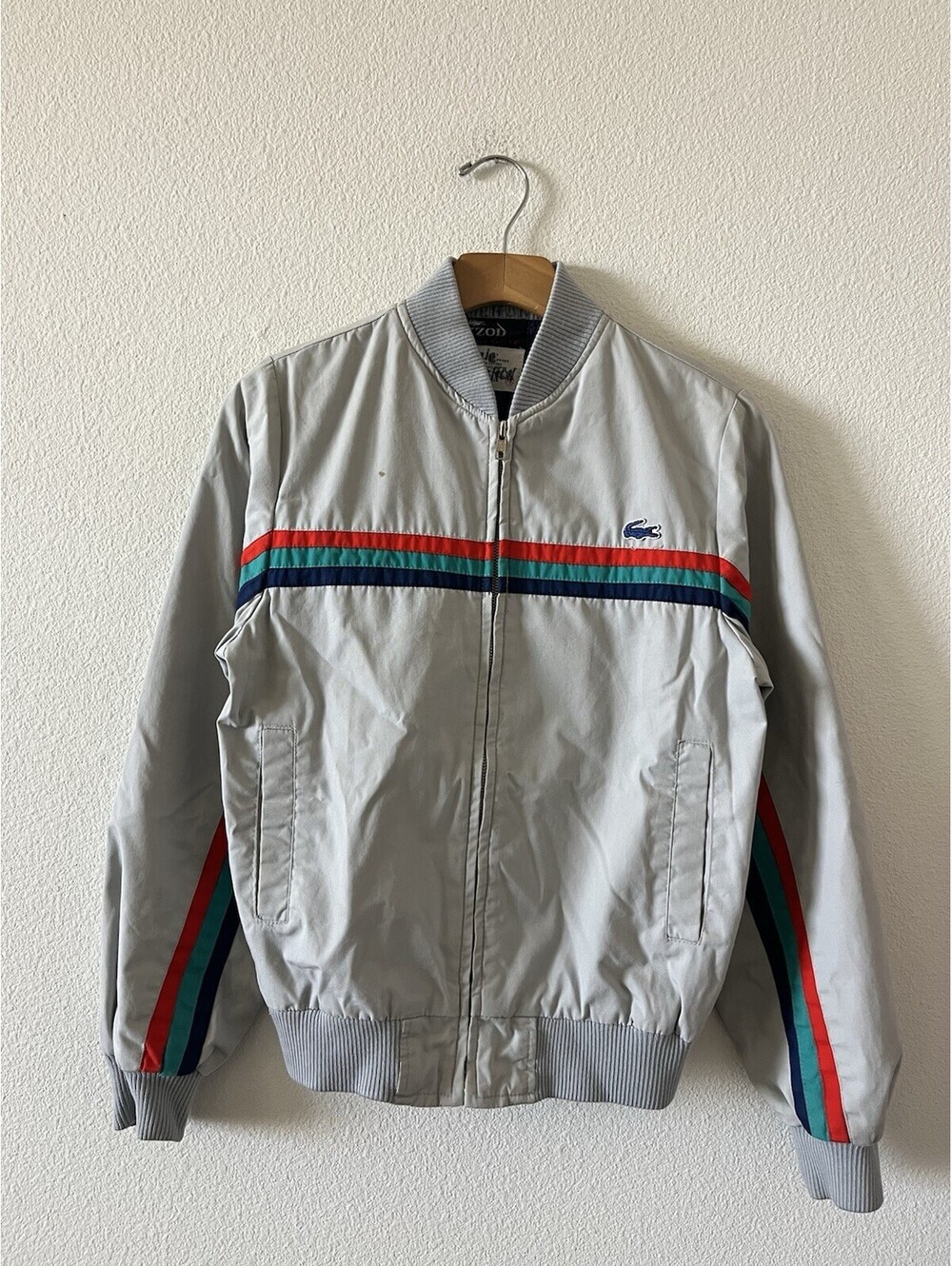 Vintage Izod Lacoste Striped Bomber Jacket Grey Size 18